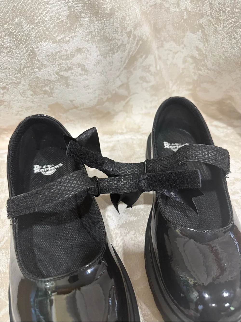 Doc Martens Black Patent Mary Jane Flats Velcro Straps with Bows Maccy II